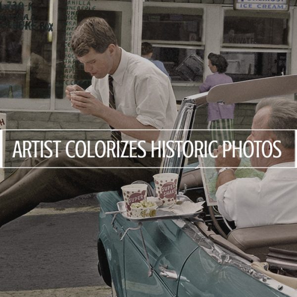 Colorized photo of Robert Kennedy as he stops for lunch in Bluefield West Virginia, 1960