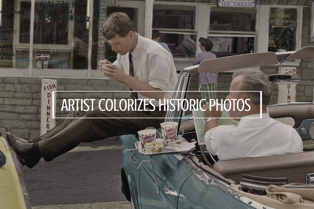 Colorized photo of Robert Kennedy as he stops for lunch in Bluefield West Virginia, 1960